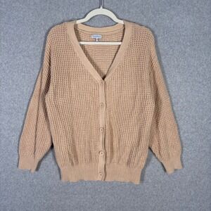 Qualfort Open Knit Cardigan‎ Sweater Medium Tan Neutral Quiet Luxury Minimal